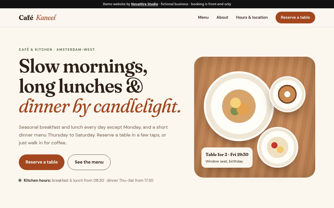 Screenshot of the Café Kaneel demo website