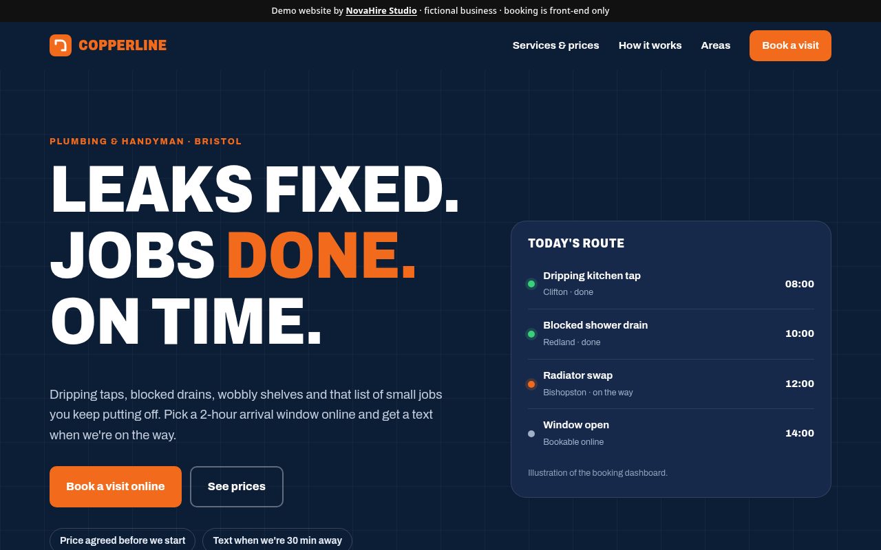 Screenshot of the Copperline Plumbing & Handyman demo website