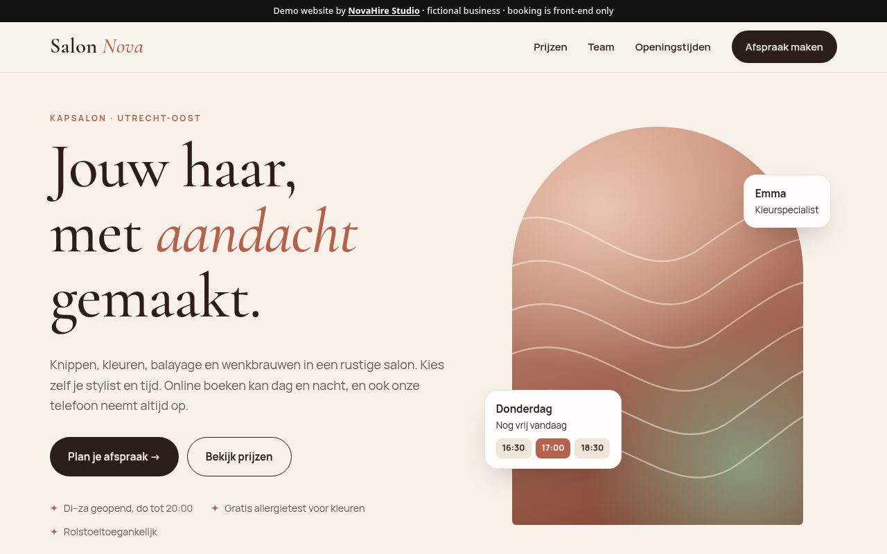 Screenshot of the Salon Nova demo website